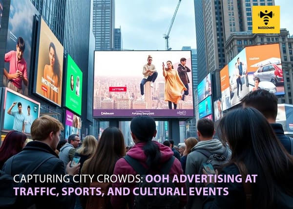 City event crowd with BuzzOmni OOH outdoor advertising displayed on billboards.