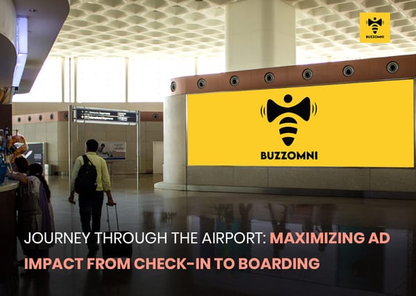 Travelers engaging with dynamic airport advertising displays by BuzzOmni during their journey from check-in to boarding