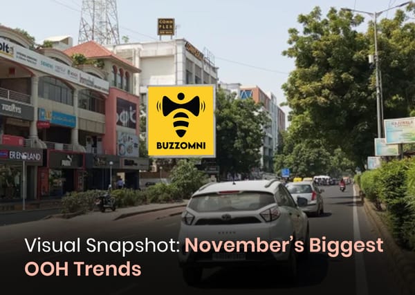 BuzzOmni visual showing DOOH screens, wrapped cabs and 3D OOH elements reflecting November advertising trends.