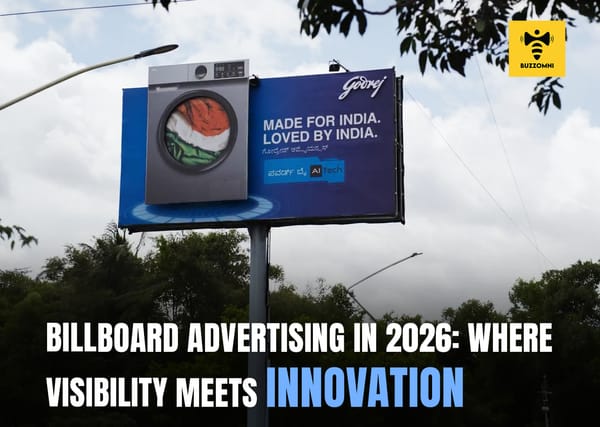 BuzzOmni billboard advertising campaign on a digital outdoor display in a busy city location.